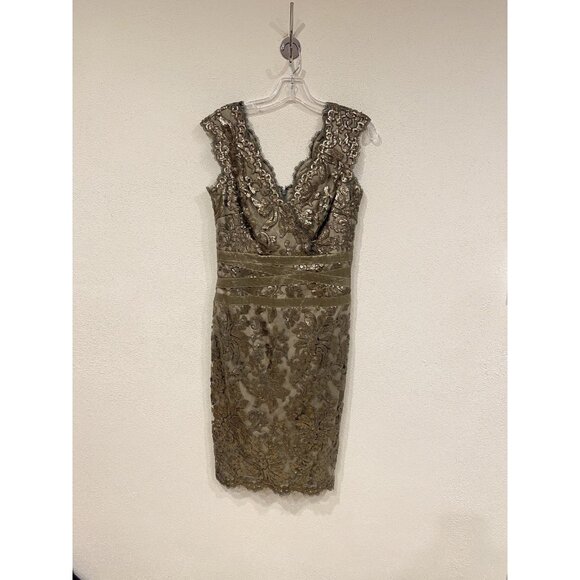 Tadashi Shoji Dress Womens 6 Gold Sequin Lace Sheath Cocktail Party 3T896MXZ - Picture 1 of 6